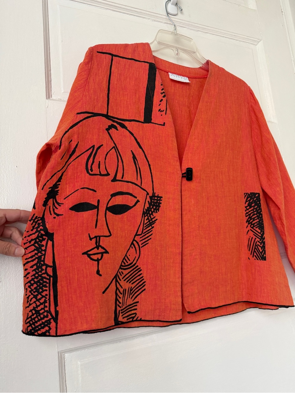 AHNI Linen Blazer Jacket Wearable Art Graphic Boxy Lagenlook Boho Abstract Indie